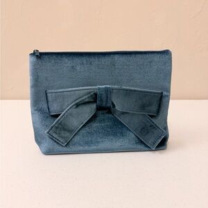New Blue Velour Makeup Bag with Bow Detail and Zipper Enclosure